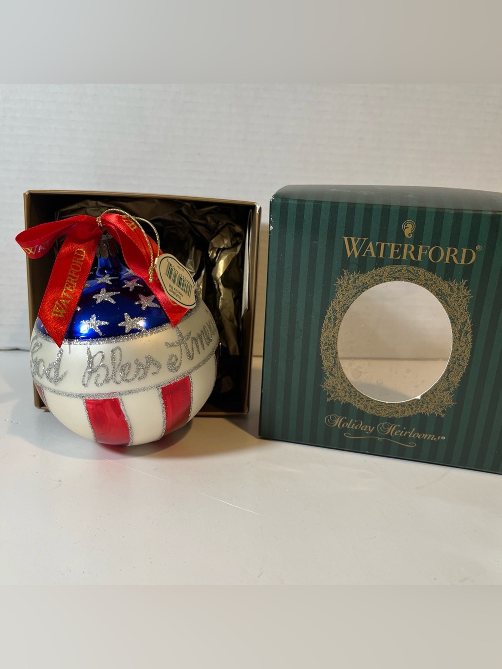 Waterford Patriotic Ornament in Red White Blue with Ribbon